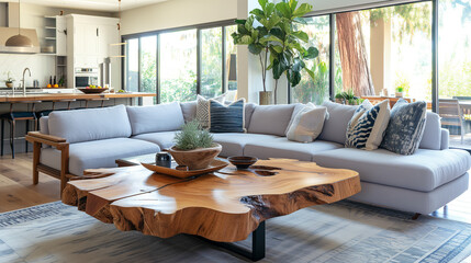 Live edge wooden coffee table near corner sofa. Interior design of modern living room in farmhouse