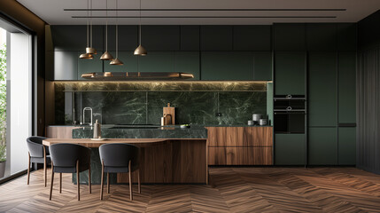 Modern interior design of minimalist wooden and dark green kitchen with island, black marble backsplash, dining table and chairs