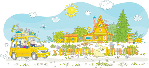 Happy grandpa and grandma in their small car driving up to a little house with a vegetable garden, a bathhouse, a draw-well and an wooden fence on a sunny day in countryside, vector cartoon