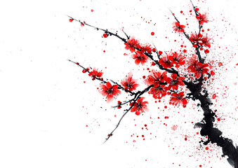 Red peach blossom branch isolated on transparent background. PNG