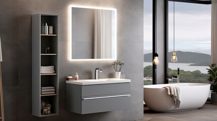 Smart mirror bathroom cabinets with built in charging ports solid color background