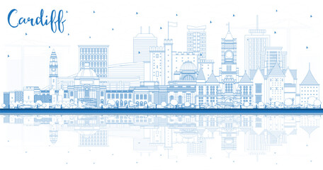 Outline Cardiff Wales City Skyline with Blue Buildings and reflections. Cardiff UK Cityscape with Landmarks. Business Travel and Tourism Concept with Historic Architecture.