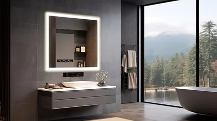 Deurstickers Smart mirror bathroom vanities with integrated bluetooth speakers solid color background © Niki