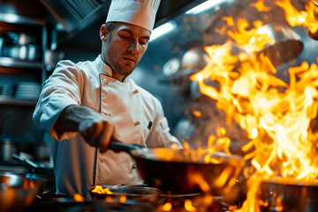 Chef cooking with flame in a frying pan on a kitchen stove - obrazy, fototapety, plakaty