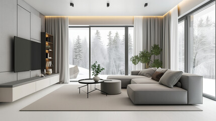  Scandinavian minimalist home interior design of modern living room. Grey sofa near floor to ceiling window against tv unit