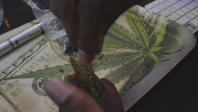 a black man sprinkles marijuana  buds into a tobacco wrap to roll a blunt on a money and weed rolling tray