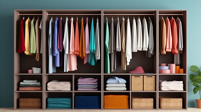 Smart wardrobe closets with automated clothing sorting solid color background
