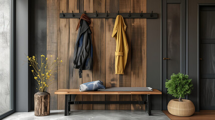  Wall-mounted coat rack above rustic bench. Farmhouse interior design of modern entrance hall