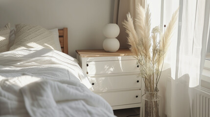 Fototapeta na wymiar Wooden drawer chest against window. White nightstand near wooden bed. Minimalist boho interior design of modern bedroom