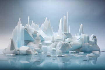 A 3d image of an icy landscape with icebergs