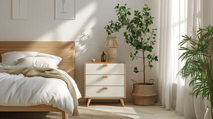 Wooden drawer chest against window. White nightstand near wooden bed. Minimalist boho interior design of modern bedroom