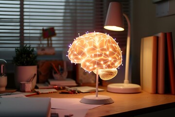 AI generated illustration of A shining and glowing model of brain on a desk