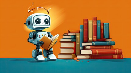 Voice activated robotic home librarians for book recommendations solid color background