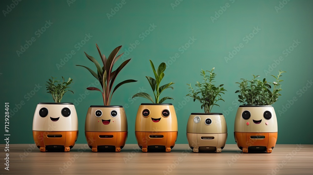 Poster voice activated robotic planters with self watering capabilities solid color background