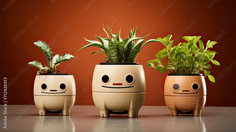 Poster voice activated robotic planters with self watering capabilities solid color background