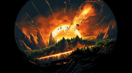 Meteor falls with blazing fire destroying the, Generate AI. 