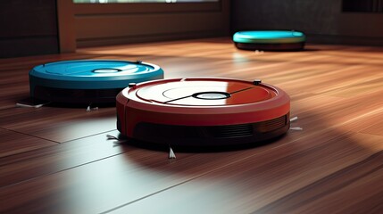 Voice controlled robotic vacuum and mop devices for floor cleaning solid color background
