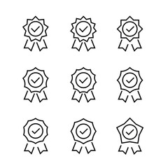 Rosette Stamp icon set guarantee medal consumer control emblem assurance Approved Certified Checkmark line icons set, editable stroke isolated on white, linear vector outline illustration, symbol