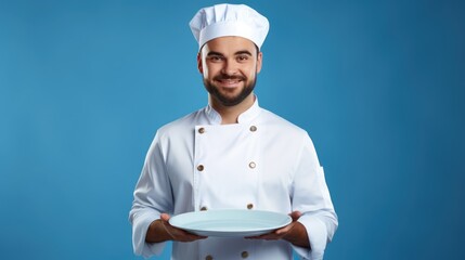 cooking, culinary, male chef holding empty plate, male chef in toque and jacket over blue background, professional, show, serve, cooking, , gourmet, food, service, restaurant, presenting.