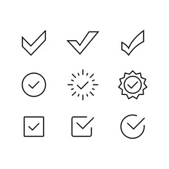 confirm Check mark checklist, office, poster, Approve line icons set, editable stroke isolated on white, linear vector outline illustration, symbol logo design style