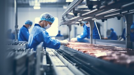 Production line in the food factory.Factory for the production of food from meat.Industrial equipment at a meat factory.Automated production line in modern food factory.People working. - obrazy, fototapety, plakaty