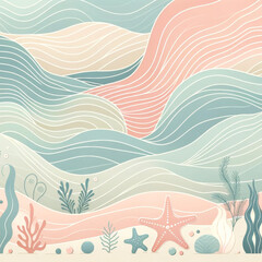 Soft pastel-hued underwater scene with abstract wavy patterns illustration.  - obrazy, fototapety, plakaty