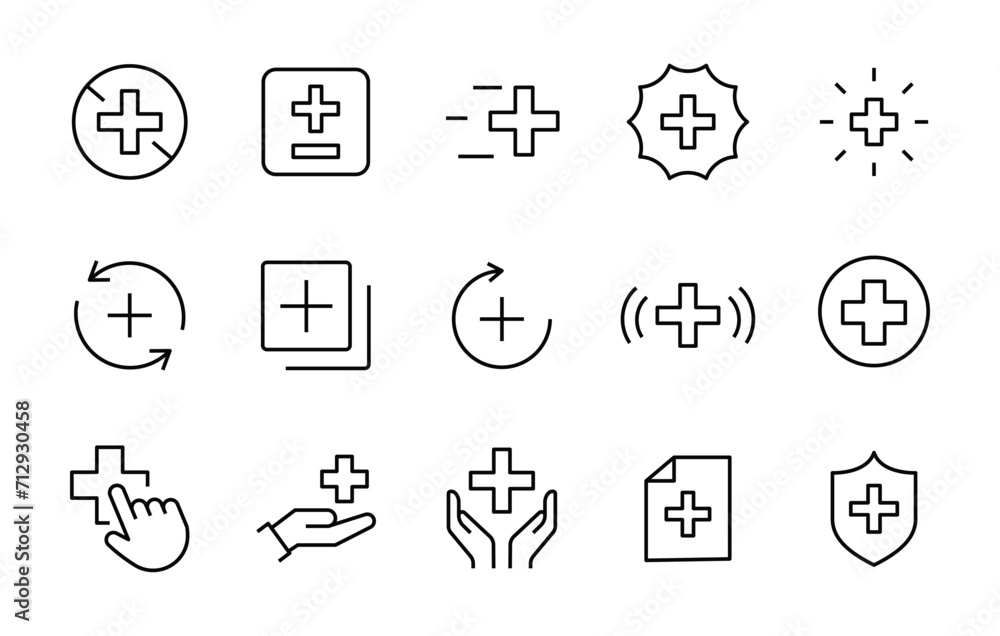 Poster plus icon set add addition line icons set, editable stroke isolated on white, linear vector outline 