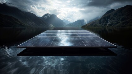 solar panel in the lake with mountain background, 3d render - obrazy, fototapety, plakaty