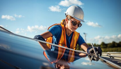 Young female engineer or architect with safety helmet and goggles standing on the roof of a solar panel