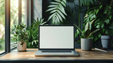 Mockup of a laptop with a blank white screen, placed on a home office desk, suitable for displaying websites or designs. - obrazy, fototapety, plakaty