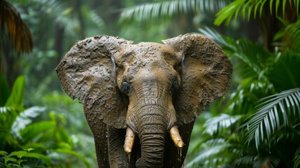 Muddy elephant in the wild. A majestic elephant, skin stained with thick, wet mud, standing in a lush, green jungle environment.