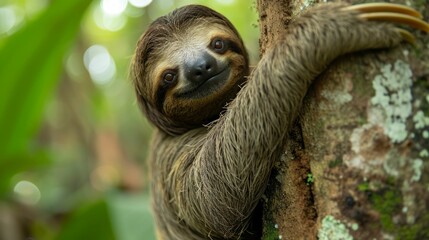 Sloth hanging from a tree in a tropical rainforest.