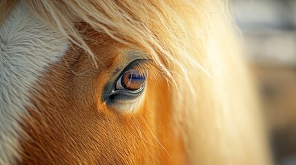 Horse's face. Horse's well-groomed coat, shining in the sunlight, highlighting the fine hairs and smooth texture.