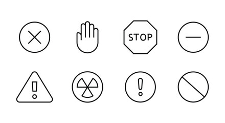 Alert, risk line icon set. Caution, warning, exclamation mark trafic stop information, accident notification Hand gesture Caution warning Hazard danger line icons set, editable stroke isolated