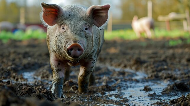 Muddy pig in a farmyard. A cheerful pig, skin smudged with thick mud, joyfully roaming in a muddy farmyard, a picture of contentment.