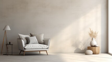Industrial style modern comfortable room with decoration, vase of dried flowers.