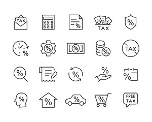 accounting, audit, taxes Money Report, Interest Rate, Tax Return, icon set. accountant, invoice, business firm, credit, Mortgage line icons set, editable stroke isolated on white, linear vector