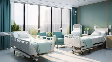 Empty double room in a hospital with two beds