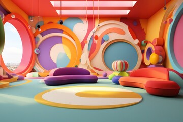 3d rendering picture of colorful circles room