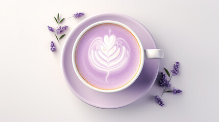 angled top view a lavender infused latte. 3d rendering. beautiful purple drink with art