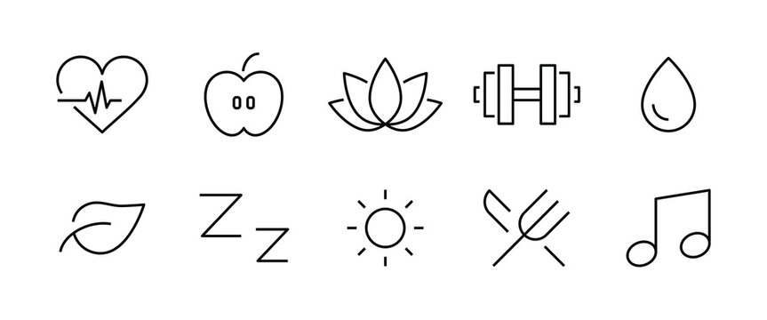 wellness, wellbeing, mental health, medical, yoga, spa, relaxation, exercise, diet, line icons set, editable stroke isolated on white, linear vector outline illustration, symbol logo design