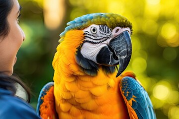 Colorful portrait of the Amazonian Macao red parrot on a man's shoulder. Exotic tropical birds as popular pet breeds. Generative Ai