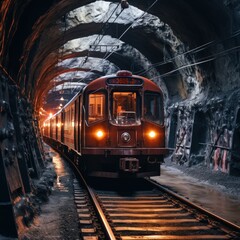 Fototapeta premium Subway train navigating through an underground tunnel.