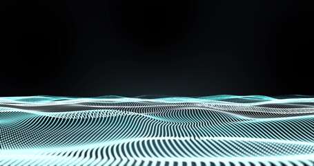 Image of glowing blue mesh of connections waving on black background