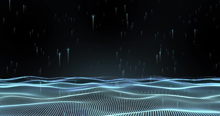 Image of glowing blue mesh of connections waving on black background - obrazy, fototapety, plakaty