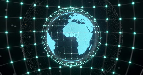 Image of glowing blue mesh of connections spinning over globe on black background