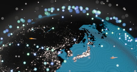 Image of glowing blue mesh of connections spinning over globe on black background