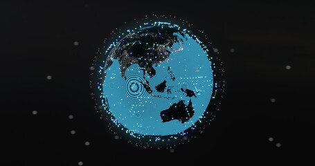 Image of glowing blue mesh of connections spinning over globe on black background
