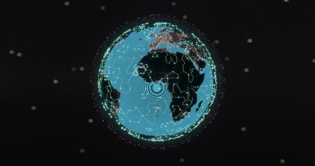 Image of glowing blue mesh of connections spinning over globe on black background