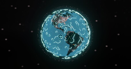 Image of glowing blue mesh of connections spinning over globe on black background